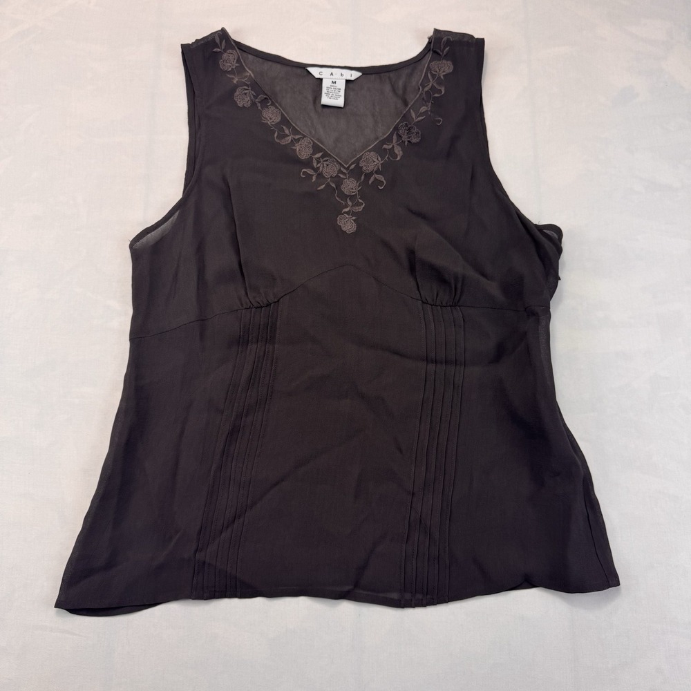 CAbi Womens M Brown Floral Embroidered Sheer Sleeveless Blouse Boho